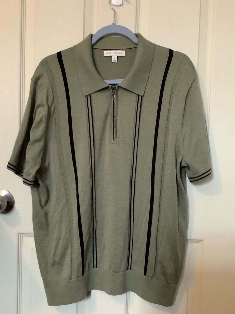 Banana Republic Sage Green Vertically Striped Quarter-Zip Sweater Polo